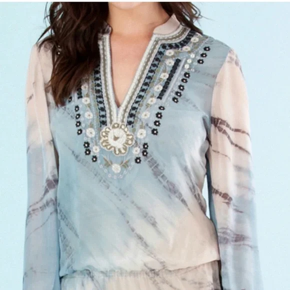 Hale Bob Cabana tye die silk embroidered split neck tunic